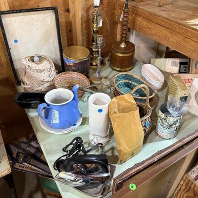 Sale Photo Thumbnail #78: Records, Baskets, frames, vases, Pottery coffee Table, mirror, Upholstery supplies, cabinet, and more.
****DOES NOT INCLUDE: wooden table, card table, blue crate****