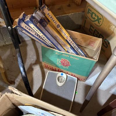 Sale Photo Thumbnail #79: Records, Baskets, frames, vases, Pottery coffee Table, mirror, Upholstery supplies, cabinet, and more.
****DOES NOT INCLUDE: wooden table, card table, blue crate****