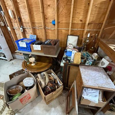 Sale Photo Thumbnail #72: Records, Baskets, frames, vases, Pottery coffee Table, mirror, Upholstery supplies, cabinet, and more.
****DOES NOT INCLUDE: wooden table, card table, blue crate****