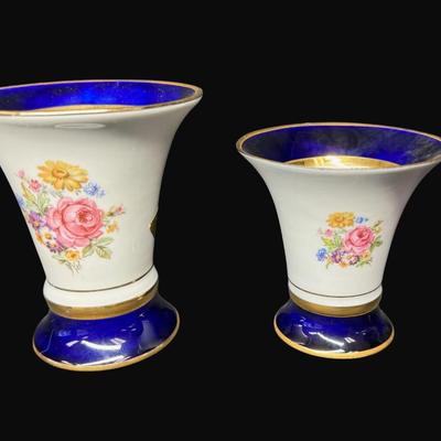 Sale Photo Thumbnail #341: Two matching vases. Hand painted. Made in Czechoslovakia. These have a matching pattern, but there is a size difference. Measurement of largest: 4.5"H. [RE]