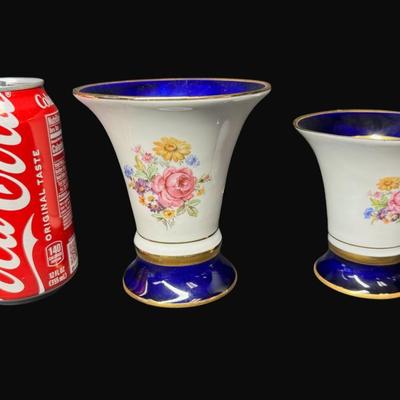 Sale Photo Thumbnail #342: Two matching vases. Hand painted. Made in Czechoslovakia. These have a matching pattern, but there is a size difference. Measurement of largest: 4.5"H. [RE]