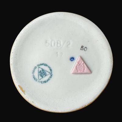 Sale Photo Thumbnail #343: Two matching vases. Hand painted. Made in Czechoslovakia. These have a matching pattern, but there is a size difference. Measurement of largest: 4.5"H. [RE]