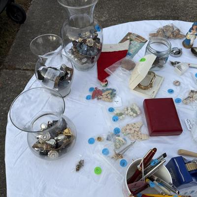 Sale Photo Thumbnail #85: Costume jewelry, watches, advertising pens, collectibles, vases of jewelry,
DOES NOT INCLUDE: table or tablecloth