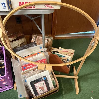 Sale Photo Thumbnail #90: Embroidery, cross stitch, crafts, books, patterns, supplies & embroidery stand
DOES NOT INCLUDE TABLE, PURPLE CRATE
