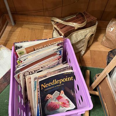 Sale Photo Thumbnail #91: Embroidery, cross stitch, crafts, books, patterns, supplies & embroidery stand
DOES NOT INCLUDE TABLE, PURPLE CRATE