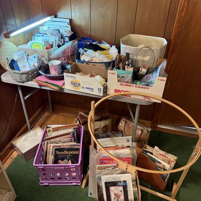 Sale Photo Thumbnail #89: Embroidery, cross stitch, crafts, books, patterns, supplies & embroidery stand
DOES NOT INCLUDE TABLE, PURPLE CRATE