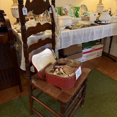 Sale Photo Thumbnail #97: China, crystal, silverplate tea sets, lamps, serve ware, ladder back chair, musical ornaments, large gesso mirror, milk glass, murano, colored glass, framed artwork, decorative platewall plates, walll pocket, etc
DOES NOT INCLUDE: table, tablecloth, plate