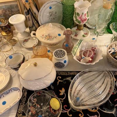 Sale Photo Thumbnail #99: China, crystal, silverplate tea sets, lamps, serve ware, ladder back chair, musical ornaments, large gesso mirror, milk glass, murano, colored glass, framed artwork, decorative platewall plates, walll pocket, etc
DOES NOT INCLUDE: table, tablecloth, plate