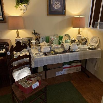 Sale Photo Thumbnail #95: China, crystal, silverplate tea sets, lamps, serve ware, ladder back chair, musical ornaments, large gesso mirror, milk glass, murano, colored glass, framed artwork, decorative platewall plates, walll pocket, etc
DOES NOT INCLUDE: table, tablecloth, plate