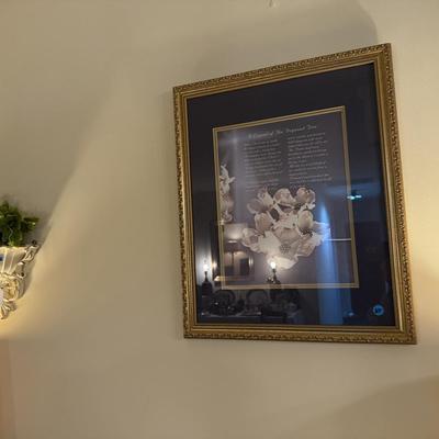 Sale Photo Thumbnail #102: China, crystal, silverplate tea sets, lamps, serve ware, ladder back chair, musical ornaments, large gesso mirror, milk glass, murano, colored glass, framed artwork, decorative platewall plates, walll pocket, etc
DOES NOT INCLUDE: table, tablecloth, plate