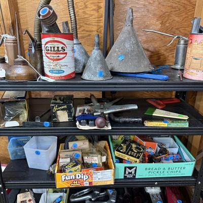 Sale Photo Thumbnail #112: Garage 1: hand tools, hardware supplies, car stuff, electrical, plumbing, cooking, metal shelving, gas ruler, & more
DOES NOT INCLUDE: wooden shelf, plastic sorter, some tin sorting cans