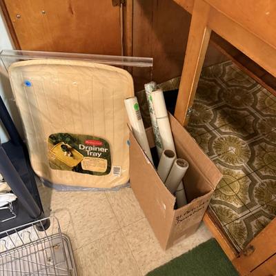 Sale Photo Thumbnail #122: Microwave, dishes, glassware, carafes, milk glass, utensils, home decor, dish drain, bottles, fondue pot, candle stands, etc
DOES NOT INCLUDE 2 plastic shelving, plate stands, plate racks