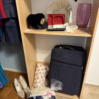 Sale Photo Thumbnail #130: Vintage women’s clothing, vintage hats, Vintage boxes, Vases, luggage, bookshelf