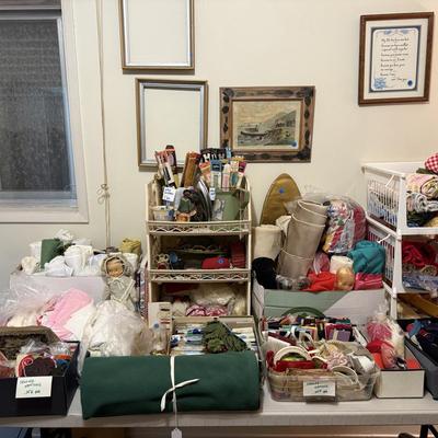 Sale Photo Thumbnail #135: Cavalier sewing machine in cabinet w/chair, lamp, sewing supplies, notions, material, lace, framed artwork 
DOES NOT INCLUDE: table, stacking baskets