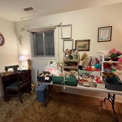 Sale Photo Thumbnail #131: Cavalier sewing machine in cabinet w/chair, lamp, sewing supplies, notions, material, lace, framed artwork 
DOES NOT INCLUDE: table, stacking baskets