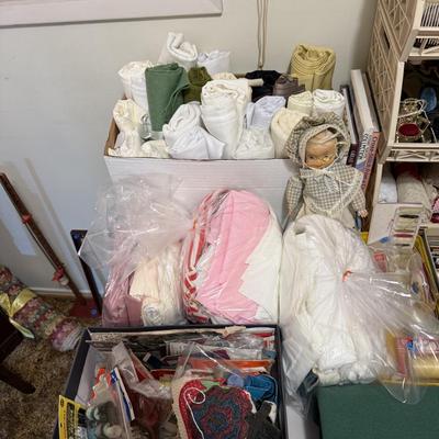 Sale Photo Thumbnail #139: Cavalier sewing machine in cabinet w/chair, lamp, sewing supplies, notions, material, lace, framed artwork 
DOES NOT INCLUDE: table, stacking baskets