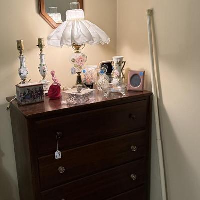 Sale Photo Thumbnail #140: Chest of drawers, lamps mirror, dresser top decor, 90 year old birthday tiara 
DOES NOT INCLUDE PLATE STAND
