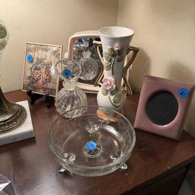 Sale Photo Thumbnail #142: Chest of drawers, lamps mirror, dresser top decor, 90 year old birthday tiara 
DOES NOT INCLUDE PLATE STAND