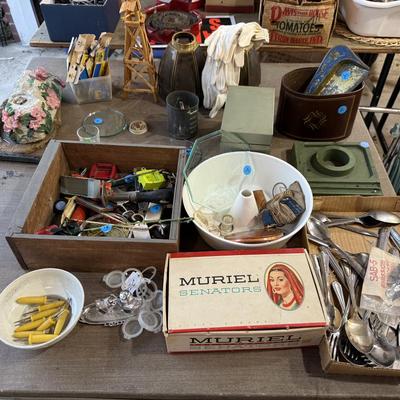 Sale Photo Thumbnail #158: 1st garage middle section
Records, China, coffee table, tow bar, cigar boxes, miscellaneous, toaster oven, card table
DOES NOT INCLUDE: Wooden tables,