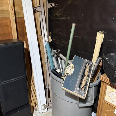 Sale Photo Thumbnail #164: Middle garage:
Buffet, dresser, butcher block table top only, chair, mirror, books, lamp, hairdryer, glassware, rolling trashcan, Electrolux parts, etc