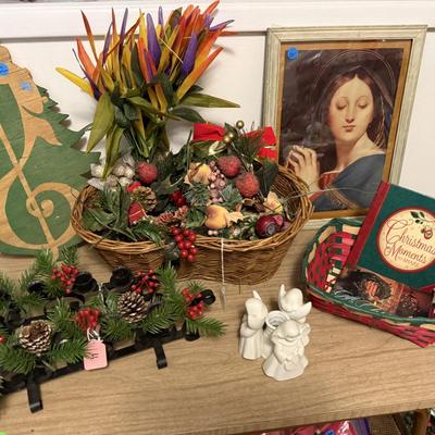 Sale Photo Thumbnail #167: Christmas decor, MCM cart, bookshelf, angels, miscellaneous, railroad collectibles, milk glass
DOES NOT INCLUDE TABLE, TABLECLOTH, plastic shelf, plate stands,
