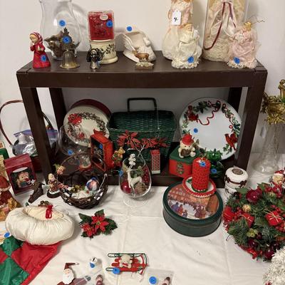 Sale Photo Thumbnail #176: Christmas decor, MCM cart, bookshelf, angels, miscellaneous, railroad collectibles, milk glass
DOES NOT INCLUDE TABLE, TABLECLOTH, plastic shelf, plate stands,