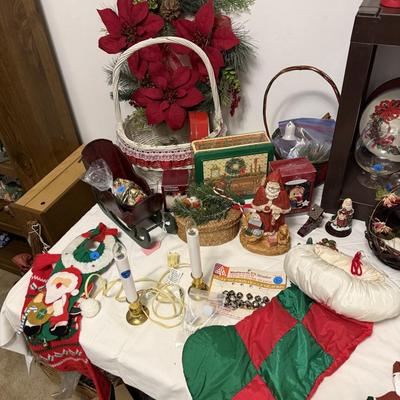 Sale Photo Thumbnail #177: Christmas decor, MCM cart, bookshelf, angels, miscellaneous, railroad collectibles, milk glass
DOES NOT INCLUDE TABLE, TABLECLOTH, plastic shelf, plate stands,