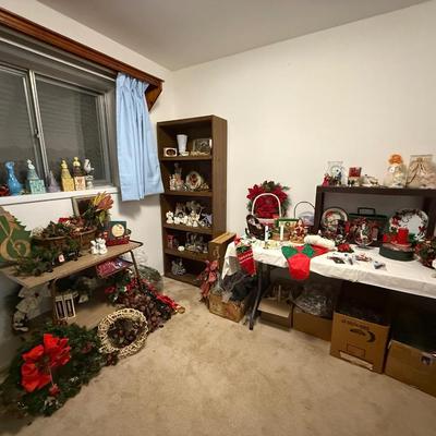 Sale Photo Thumbnail #165: Christmas decor, MCM cart, bookshelf, angels, miscellaneous, railroad collectibles, milk glass
DOES NOT INCLUDE TABLE, TABLECLOTH, plastic shelf, plate stands,
