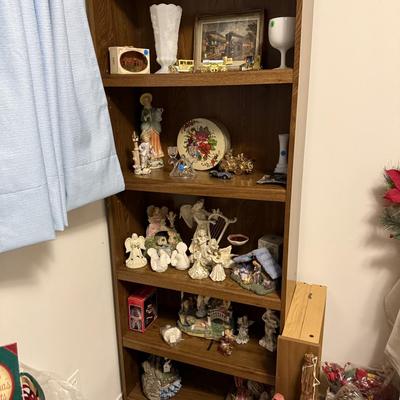 Sale Photo Thumbnail #169: Christmas decor, MCM cart, bookshelf, angels, miscellaneous, railroad collectibles, milk glass
DOES NOT INCLUDE TABLE, TABLECLOTH, plastic shelf, plate stands,