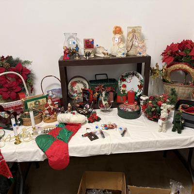 Sale Photo Thumbnail #174: Christmas decor, MCM cart, bookshelf, angels, miscellaneous, railroad collectibles, milk glass
DOES NOT INCLUDE TABLE, TABLECLOTH, plastic shelf, plate stands,