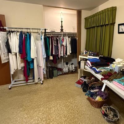 Sale Photo Thumbnail #178: Women’s vintage clothing, shoes, purses, art work, file cabinet, clothes rack, curtains, 
DOES NOT INCLUDE TABLE, sorting containers, plastic shelf, large basket, lamp
