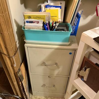 Sale Photo Thumbnail #182: Women’s vintage clothing, shoes, purses, art work, file cabinet, clothes rack, curtains, 
DOES NOT INCLUDE TABLE, sorting containers, plastic shelf, large basket, lamp
