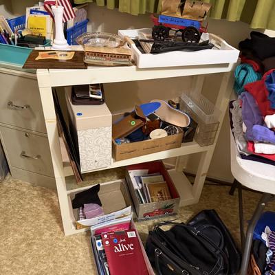 Sale Photo Thumbnail #183: Women’s vintage clothing, shoes, purses, art work, file cabinet, clothes rack, curtains, 
DOES NOT INCLUDE TABLE, sorting containers, plastic shelf, large basket, lamp