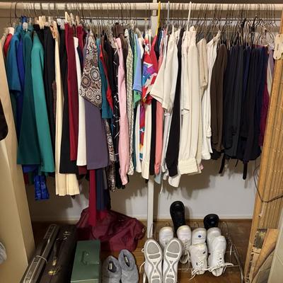 Sale Photo Thumbnail #181: Women’s vintage clothing, shoes, purses, art work, file cabinet, clothes rack, curtains, 
DOES NOT INCLUDE TABLE, sorting containers, plastic shelf, large basket, lamp
