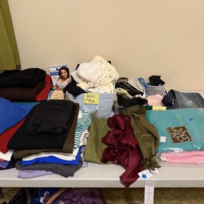 Sale Photo Thumbnail #185: Women’s vintage clothing, shoes, purses, art work, file cabinet, clothes rack, curtains, 
DOES NOT INCLUDE TABLE, sorting containers, plastic shelf, large basket, lamp