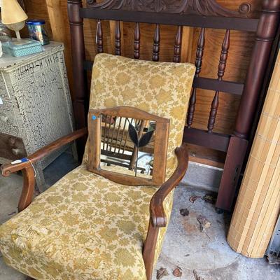 Sale Photo Thumbnail #195: Garage 3: table, miscellaneous kitchen & decor, rocker, early twin bed, dresser, cabinet, scrap wood, curtain rods, project chairs, reupholstering supplies, mirrors, baby scale, lantern, pitcher, storage contain, laundry basket & more