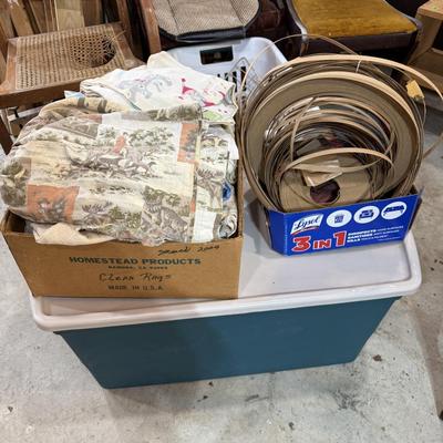 Sale Photo Thumbnail #204: Garage 3: table, miscellaneous kitchen & decor, rocker, early twin bed, dresser, cabinet, scrap wood, curtain rods, project chairs, reupholstering supplies, mirrors, baby scale, lantern, pitcher, storage contain, laundry basket & more