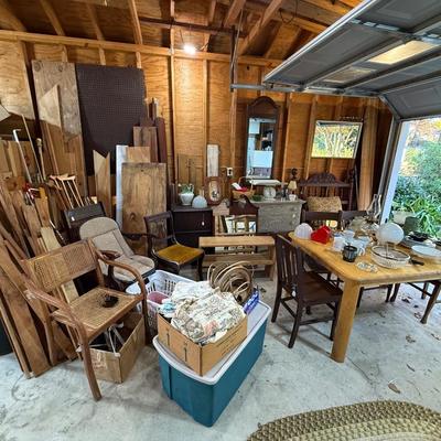 Sale Photo Thumbnail #193: Garage 3: table, miscellaneous kitchen & decor, rocker, early twin bed, dresser, cabinet, scrap wood, curtain rods, project chairs, reupholstering supplies, mirrors, baby scale, lantern, pitcher, storage contain, laundry basket & more