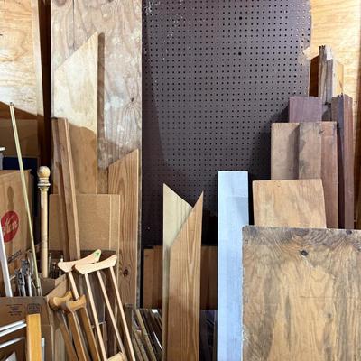 Sale Photo Thumbnail #205: Garage 3: table, miscellaneous kitchen & decor, rocker, early twin bed, dresser, cabinet, scrap wood, curtain rods, project chairs, reupholstering supplies, mirrors, baby scale, lantern, pitcher, storage contain, laundry basket & more