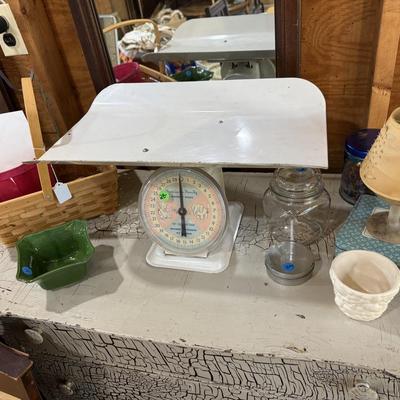 Sale Photo Thumbnail #202: Garage 3: table, miscellaneous kitchen & decor, rocker, early twin bed, dresser, cabinet, scrap wood, curtain rods, project chairs, reupholstering supplies, mirrors, baby scale, lantern, pitcher, storage contain, laundry basket & more