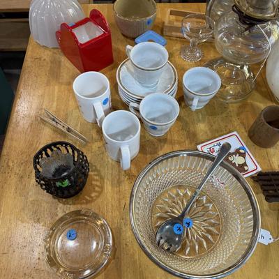 Sale Photo Thumbnail #201: Garage 3: table, miscellaneous kitchen & decor, rocker, early twin bed, dresser, cabinet, scrap wood, curtain rods, project chairs, reupholstering supplies, mirrors, baby scale, lantern, pitcher, storage contain, laundry basket & more