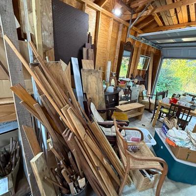Sale Photo Thumbnail #207: Garage 3: table, miscellaneous kitchen & decor, rocker, early twin bed, dresser, cabinet, scrap wood, curtain rods, project chairs, reupholstering supplies, mirrors, baby scale, lantern, pitcher, storage contain, laundry basket & more