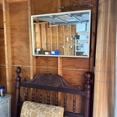 Sale Photo Thumbnail #196: Garage 3: table, miscellaneous kitchen & decor, rocker, early twin bed, dresser, cabinet, scrap wood, curtain rods, project chairs, reupholstering supplies, mirrors, baby scale, lantern, pitcher, storage contain, laundry basket & more