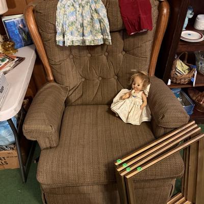 Sale Photo Thumbnail #213: LaZBoy recliner, frames, doll & clothes, Knick knacks, lamps, file cabinet, books, Braddock High School yearbooks, framed art, & more
DOES NOT INCLUDE 2 wooden bookshelves