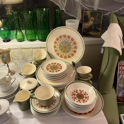 Sale Photo Thumbnail #226: Rocker, wing back chair w/ottoman, carved cherub lamp, milk glass, dish set, crystal, china, tea cups, vases, colored glass, sheet music, frames, Boy Scouts, silver-plate, pottery, large vase, floor lamp, Christmas music, yukele, Bibles
DOES NOT INCLUDE T
