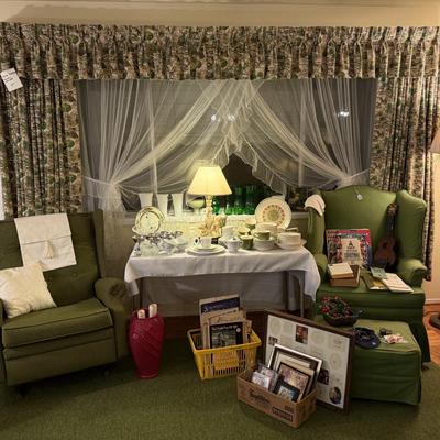 Sale Photo Thumbnail #220: Rocker, wing back chair w/ottoman, carved cherub lamp, milk glass, dish set, crystal, china, tea cups, vases, colored glass, sheet music, frames, Boy Scouts, silver-plate, pottery, large vase, floor lamp, Christmas music, yukele, Bibles
DOES NOT INCLUDE T