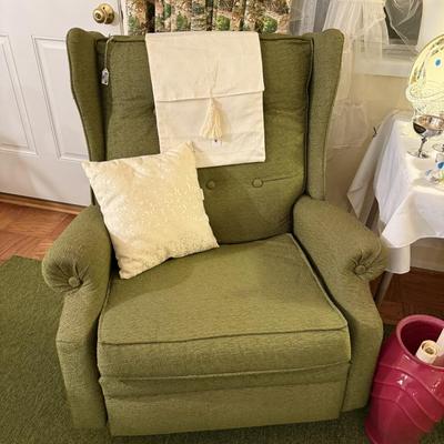 Sale Photo Thumbnail #221: Rocker, wing back chair w/ottoman, carved cherub lamp, milk glass, dish set, crystal, china, tea cups, vases, colored glass, sheet music, frames, Boy Scouts, silver-plate, pottery, large vase, floor lamp, Christmas music, yukele, Bibles
DOES NOT INCLUDE T