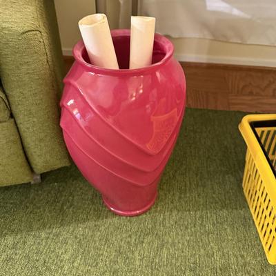 Sale Photo Thumbnail #222: Rocker, wing back chair w/ottoman, carved cherub lamp, milk glass, dish set, crystal, china, tea cups, vases, colored glass, sheet music, frames, Boy Scouts, silver-plate, pottery, large vase, floor lamp, Christmas music, yukele, Bibles
DOES NOT INCLUDE T