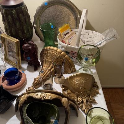 Sale Photo Thumbnail #232: MCM lamps, bentwood chair, Hollywood regency decor, ironstone, vases, pottery, cherubs, angels, vintage cards, baskets, Art Deco thermometer, Toby mug tea set, mirror, more
DOES NOT INCLUDE TABLE, TABLECLOTH, PLATE STANDS