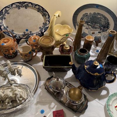 Sale Photo Thumbnail #234: MCM lamps, bentwood chair, Hollywood regency decor, ironstone, vases, pottery, cherubs, angels, vintage cards, baskets, Art Deco thermometer, Toby mug tea set, mirror, more
DOES NOT INCLUDE TABLE, TABLECLOTH, PLATE STANDS